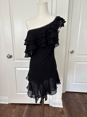 One shoulder silk black fairy mini dress